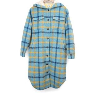 Sundance Women's Blue and Yellow Long Flannel Hooded Jacket Size S